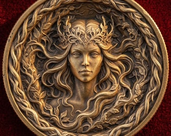 Dieptekaart van een munt met de afbeelding van een druïdebosgodin | Eikenrankportret 3D-gravure PNG | Hoogtekaart | xTool LightBurn houten munt blanco