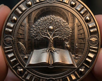 Tree of Knowledge Coin Depth Map | Teacher Graduation Academic 3D Engraving PNG | Library Book Heightmap | xTool LightBurn Wood Coin Blank