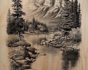 Plantilla de madera con grabado láser del icónico paisaje de las Tres Hermanas en Canmore, Montañas Rocosas Canadienses.