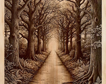 Incisione su legno "Sentiero nel bosco" PNG | Disegno laser su legno | File per arte verticale su parete con tunnel tra gli alberi | Decorazione rustica per baita | Download immediato