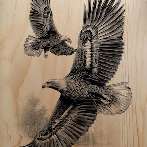 May include: A detailed illustration of two eagles in flight, rendered in black and white. The artwork showcases the birds with outstretched wings against a light wood grain background, with a hint of a landscape in the distance.