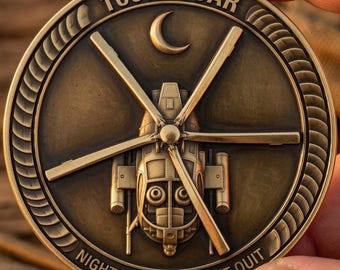 160th SOAR Night Stalkers Coin Depth Map | Black Hawk Helicopter 3D Engraving PNG | Military Heightmap | xTool LightBurn Wood Coin