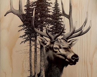Elk Head with Forest Silhouette Wood Engraving PNG | Laser Engraving Digital Download for Wood Slate Metal Stone