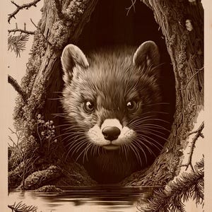 Grabado en madera de marta en hueco de árbol PNG, descarga digital de vida silvestre, escena de bosque, arte láser para proyectos de madera, pizarra, metal y piedra.