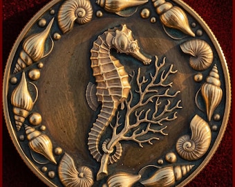 Seahorse Seashell Coin Depth Map | Elegant Ocean Conchology 3D Engraving PNG | Marine Heightmap | xTool LightBurn Wood Coin Blank