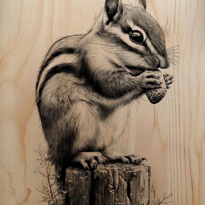 May include: Detailed black and white illustration of a chipmunk holding a nut, perched on a tree stump. The artwork is set against a light wood grain background, showcasing the chipmunk's fur and the texture of the wood.