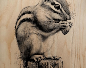 Chipmunk Engraving PNG | Detailed Acorn Laser File | Rustic Wildlife Wood Burn Art | High-Res Glowforge xTool Raster