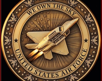 U.S. Air Force Fighter Jet We Own the Sky Depth Map Coin, USAF PNG, 3D Relief File for xTool Lightburn Glowforge CNC Wood Brass