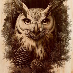 May include: A detailed wood-burned image of a Great Horned Owl, framed by pine needles and cones. The owl's face is centered, with intense eyes and detailed feather patterns. The artwork is rendered in shades of brown, creating a naturalistic effect.