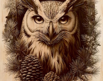 Gufo con pigna, download digitale, arte murale rustica con animali selvatici, file per incisione laser su legno, ardesia e metallo
