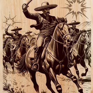 Pode incluir: Uma ilustração gravada em madeira apresentando um grupo de cavaleiros montados usando sombreros de abas largas. A figura central segura um sabre curvo no alto enquanto cavalga. A cena inclui motivos de estrelas e uma paisagem empoeirada.