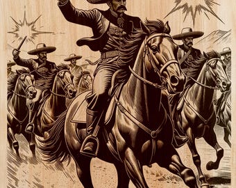 Incisione su legno di un Charro della Rivoluzione Messicana in formato PNG | Design per arte laser su legno | File per arte murale verticale in stile western | Decorazione rustica | Download immediato