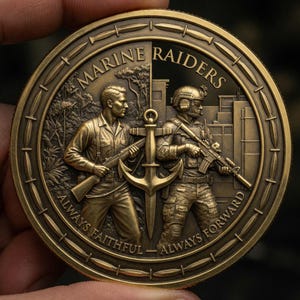 Puede incluir: Una moneda de desafío circular en tono bronce con el texto MARINE RAIDERS en la parte superior y ALWAYS FAITHFUL ALWAYS FORWARD en la inferior. El diseño muestra a un soldado histórico y uno moderno separados por un ancla y una daga.