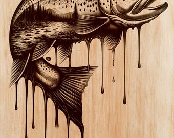 Trout Wood Engraving PNG | Laser Wood Art Design | Fishing Vertical Wall Art File | Rustic Cabin Decor | Instant Download