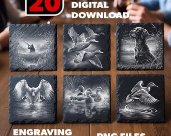 Paquete de imágenes PNG de grabados de posavasos de pizarra con aves acuáticas, 20 diseños de patos volando y perros de caza para xTool y Glowforge