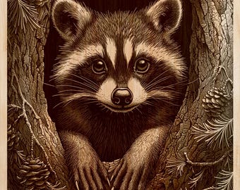 Raccoon Wood Engraving PNG | Laser Wood Art Design | Woodland Vertical Wall Art File | Rustic Cabin Decor | Instant Download