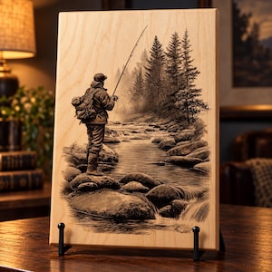 Image PNG détaillée d'un pêcheur à la mouche pêchant en rivière, idéale pour la gravure laser sur bois et la décoration murale.