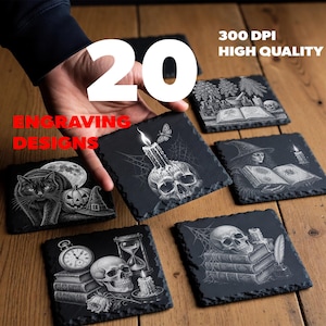May include: A set of square black slate coasters featuring white engraved designs including skulls, candles, books, a cat, a pumpkin, and a witch. The text 20 ENGRAVING DESIGNS and 300 DPI HIGH QUALITY is visible. Each coaster has a rough, natural edge.