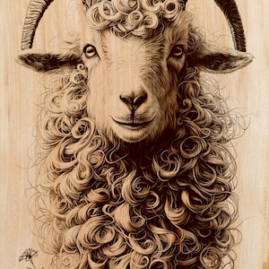 May include: Detailed wood-burned artwork of a ram's head. The ram has large, curved horns and a thick, curly coat. The artwork is set against a light wood grain background, with a few sprigs of grass and flowers at the bottom.