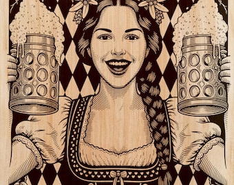 Archivo de grabado láser de jarra de cerveza con dirndl de mujer bávara para Oktoberfest, corona de lúpulo con pretzel de niña alemana, diseño de festival con lederhosen