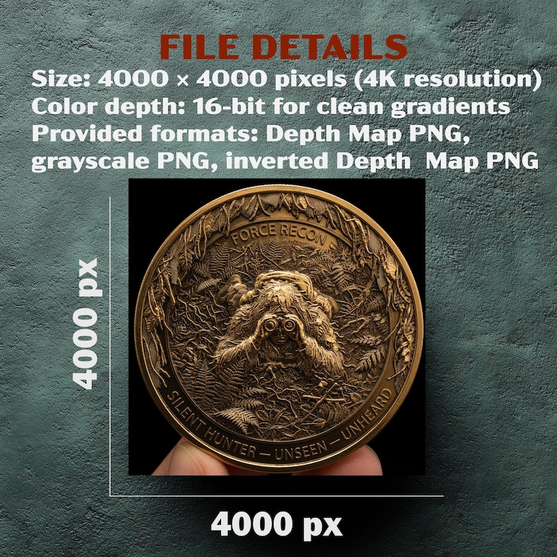 May include: A circular bronze-coloured coin featuring a relief of a figure in a ghillie suit using binoculars amidst foliage. The text reads FORCE RECON at the top and SILENT HUNTER - UNSEEN - UNHEARD at the bottom. File details include 4000 x 4000 pixels.