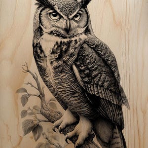 May include: Detailed black and white illustration of a Great Horned Owl perched on a tree branch. The owl has prominent ear tufts and intense eyes, set against a light wood grain background. The artwork showcases intricate feather detail.