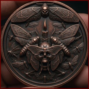 Könnte beinhalten: Eine kreisförmige kupferfarbene Medaille mit einem zentralen menschlichen Schädel, der von einer brennenden Kerze gekrönt wird. Das Design zeigt mehrere Motten mit totenkopfähnlichen Zeichnungen auf dem Thorax, die symmetrisch angeordnet sind.