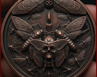Death's Head Moth Coin Depth Map | Skull Candle Gothic 3D Engraving PNG | Occult Heightmap | xTool LightBurn Wood Coin Blank