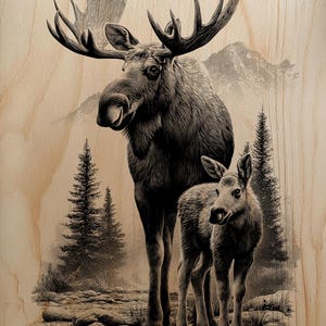 Può includere: Illustrazione in bianco e nero di un alce e del suo vitello in un ambiente forestale. L'alce adulto ha grandi corna, e lo sfondo presenta alberi e montagne. L'opera d'arte è stampata su una superficie di legno chiaro.