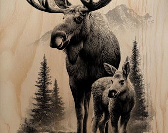 Bull Moose & Calf Engraving PNG | Forest Family Laser File | Detailed Wildlife Wood Burn Art | High-Res Glowforge Raster
