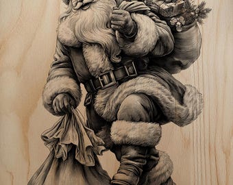 Grabado vintage de Papá Noel PNG | Archivo láser navideño clásico | Arte navideño retro pirograbado | Raster de alta resolución