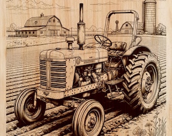 Vintage Tractor Wood Engraving PNG | Laser Wood Art Design | Farm Vertical Wall Art File | Rustic Farmhouse Decor | Instant Download