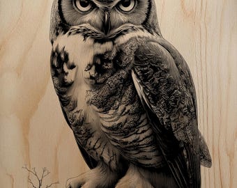 Texturerad hornuggla-gravyr PNG | Raptor-laserfil med hög kontrast | Detaljerad fjäderkonst i träbränning | Glowforge xTool-raster
