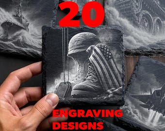 Military Engraving PNG Bundle, 20 Slate Coaster Designs, Veteran Tribute Art for Glowforge, Wood Leather Instant Download