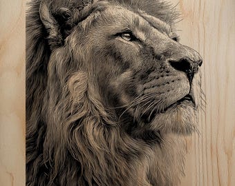 Retrato majestuoso de cabeza de león con gran detalle PNG para decoración de pared con grabado láser en madera
