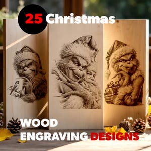 May include: Three rectangular light-colored wooden boards featuring detailed dark brown laser engravings of a furry creature wearing a Santa hat. The left board shows the creature with a bird, the center shows it with Santa, and the right shows it holding a gift.