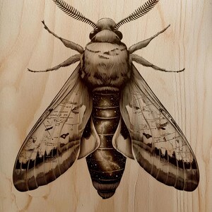 May include: Detailed illustration of a moth with intricate wing patterns and a starry abdomen. The wings feature a map-like design, and the artwork is set against a light wood grain background. The moth's body is a dark brown color.