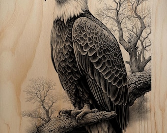 Majestic Perched Bald Eagle On Branch Laser Engraving Design Patriotic Wildlife Art Template