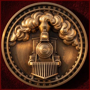 May include: A bronze-colored, circular relief sculpture of a steam train. The train is centered, with detailed features including a smokestack, headlight, and cowcatcher. The train is surrounded by a ring with a railroad track design and a cloud of smoke.