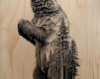 Double Exposure Bear Engraving PNG | Grizzly Forest Silhouette Laser File | Mountain Wildlife Wood Burn Art | High-Res Glowforge Raster
