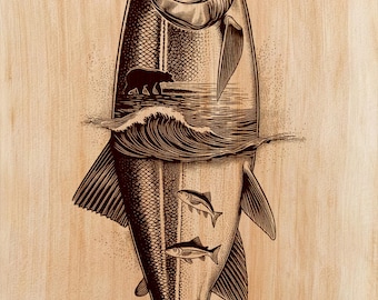Incisione su legno di salmone PNG | Design per arte laser su legno | File per arte verticale a tema pesca | Decorazione rustica per baita | Download immediato