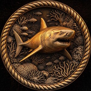 May include: A detailed, circular bronze relief sculpture featuring a great white shark swimming among coral and fish. The shark is the focal point, with its teeth bared. The relief is framed by a rope-like border.