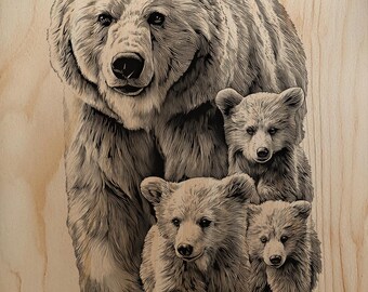 Grabado de una familia de osos en formato PNG | Archivo láser de osa madre y cachorros | Arte pirograbado para guardería de animales salvajes | Imagen rasterizada de alta resolución de Glowforge