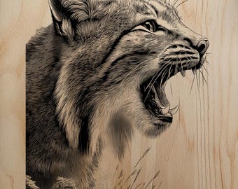 Ritratto di lince maestosa, gatto selvatico, PNG per decorazioni murali con incisione laser su legno professionale