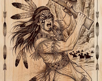 Incisione su legno raffigurante un guerriero nativo americano PNG | Design per arte laser su legno | File per arte murale verticale tribale | Decorazione rustica per baita | Download immediato