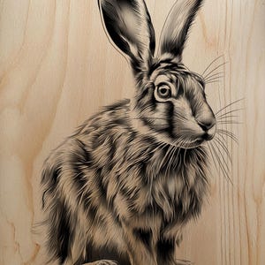 Può includere: Illustrazione in bianco e nero di una lepre su sfondo di legno. La lepre è raffigurata di profilo, evidenziando le lunghe orecchie, i baffi e la texture dettagliata della pelliccia. L'opera utilizza linee scure contrastanti.