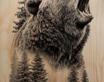 Roaring Grizzly Head Engraving PNG | Fierce Bear Portrait Laser File | Pine Forest Wood Burn Art | High-Res Glowforge Raster