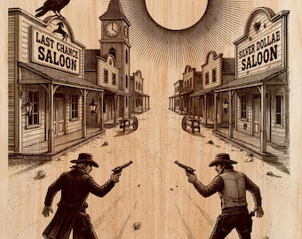 Duelo del Viejo Oeste PNG | Archivo de grabado láser de tiroteo de vaqueros | Escena de salón de pueblo del Viejo Oeste | Manualidades CNC y de bricolaje al atardecer al mediodía