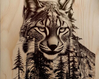Wild Lynx Face with Trees Engraving PNG, Forest Cat Portrait Digital Download for Metal, Wood, Stone, Slate, Rustic Wildlife Décor