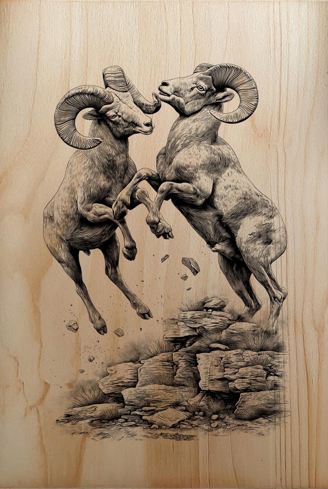 Sparring Rams Powerful Bighorn Rams Sparring on Rocky Peak PNG for Professional Wood ...